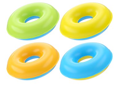 Beyaz arka planda yaz tatili için havuzda yüzen çocuklar için şişirilebilir yüzükler. Yaz tatili konsepti ve tatillerinin 3 boyutlu canlandırması