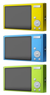 Yaz tatilleri için beyaz arka planda izole edilmiş cep kamerası seti. Yaz tatili konsepti ve tatillerinin 3 boyutlu canlandırması