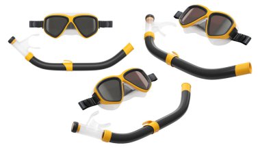 Yaz tatili için dalış maskesi ve şnorkel seti ve beyaz arka planda şnorkelle dalış yaz tatili konsepti ve tatillerin 3 boyutlu canlandırması.