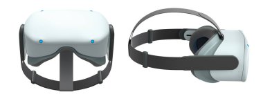 Sanal gerçeklik gözlükleri ve kulaklıklar kesme yolu ile beyaz arka planda izole edilmiş. Kullanıcılar için oyun deneyimlerini geliştiren 3B tasarım