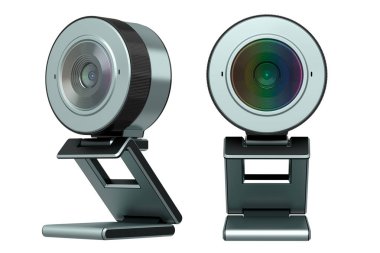 Web kamerası, kırpma yolu ile beyaz arkaplanda izole bir şekilde ayakta duruyor. Çevrimiçi görüntülü sohbet ve konferans için 3D güvenlik kamerası görüntüleme