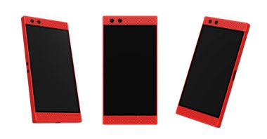 Modern bir akıllı telefonun ön ve yan görünümlerinin koleksiyonu, teknoloji önizlemeleri ve sunumlar için ideal beyaz arkaplanda kırpma yolu ile izole edilmiş