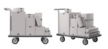 Havaalanı bagaj seti ya da bagaj vagonu yanında bir yığın karton kutu ya da beyaz arka planda karton kutu. Havaalanı veya depo servisinin 3d oluşturma ögesi