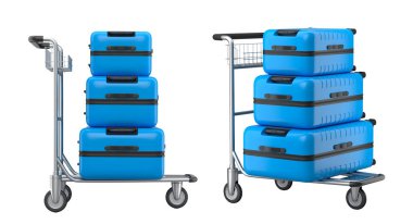 Beyaz arka planda bagajları taşımak için normal polikarbonat valiz seti. 3D seyahat konsepti. Tatil ve bagaj taşımacılığı.