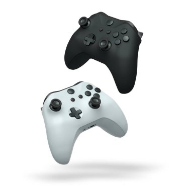Havada uçan kablosuz oyun kontrolörleri kırpma yolu ile beyaz arka planda izole edilmiş, oyun teknolojisi konseptini sembolize ediyor.