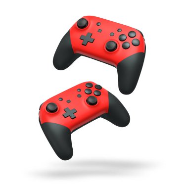 Havada uçan kablosuz oyun kontrolörleri kırpma yolu ile beyaz arka planda izole edilmiş, oyun teknolojisi konseptini sembolize ediyor.