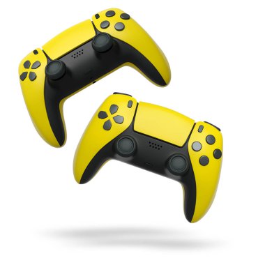 Havada uçan kablosuz oyun kontrolörleri kırpma yolu ile beyaz arka planda izole edilmiş, oyun teknolojisi konseptini sembolize ediyor.