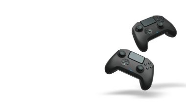 Havada uçan kablosuz oyun kontrolörleri kırpma yolu ile beyaz arka planda izole edilmiş, oyun teknolojisi konseptini sembolize ediyor.