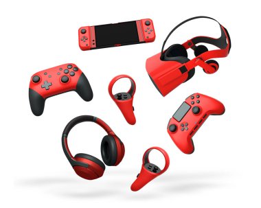 Gaming controllers, VR headset, and headphones isolated on white background with clipping path. Concept of modern gaming and virtual entertainment