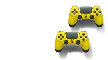 Havada uçan kablosuz oyun kontrolörleri kırpma yolu ile beyaz arka planda izole edilmiş, oyun teknolojisi konseptini sembolize ediyor.