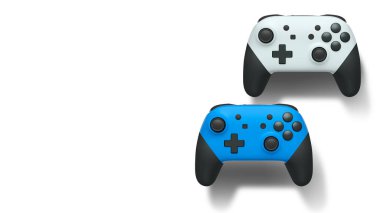 Havada uçan kablosuz oyun kontrolörleri kırpma yolu ile beyaz arka planda izole edilmiş, oyun teknolojisi konseptini sembolize ediyor.