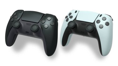 Havada uçan kablosuz oyun kontrolörleri kırpma yolu ile beyaz arka planda izole edilmiş, oyun teknolojisi konseptini sembolize ediyor.