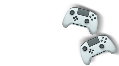 Havada uçan kablosuz oyun kontrolörleri kırpma yolu ile beyaz arka planda izole edilmiş, oyun teknolojisi konseptini sembolize ediyor.