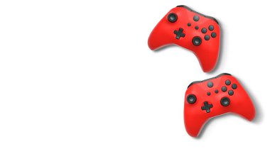 Havada uçan kablosuz oyun kontrolörleri kırpma yolu ile beyaz arka planda izole edilmiş, oyun teknolojisi konseptini sembolize ediyor.