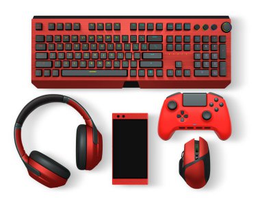 Gaming keyboard, mouse, controller, headset, and smartphone isolated on white transparent background with clipping path, concept of modern digital gaming gear
