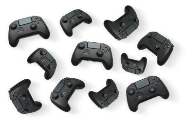 Havada uçan kablosuz oyun kontrolörleri kırpma yolu ile beyaz arka planda izole edilmiş, oyun teknolojisi konseptini sembolize ediyor.