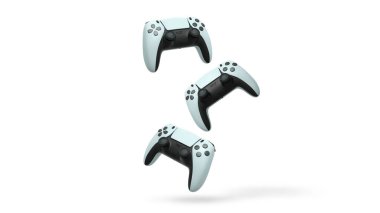 Havada uçan kablosuz oyun kontrolörleri kırpma yolu ile beyaz arka planda izole edilmiş, oyun teknolojisi konseptini sembolize ediyor.