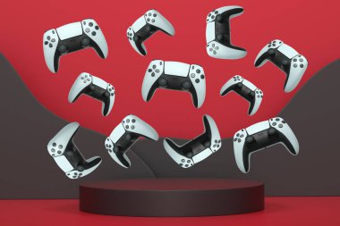 Renkli oyun kontrolörleri, podyum üzerinde yükselen joystick soyut arka plan, minimalist kavram aygıtı.