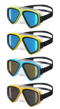 Yaz tatili için dalış maskesi ve şnorkel seti ve beyaz arka planda şnorkelle dalış yaz tatili konsepti ve tatillerin 3 boyutlu canlandırması.