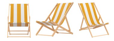 Beyaz arka planda izole edilmiş yaz kaçamakları için çizgili plaj sandalyeleri. Yaz tatili konsepti ve tatillerinin 3 boyutlu canlandırması