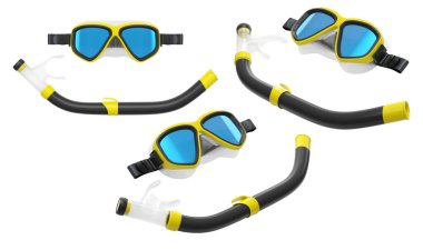 Yaz tatili için dalış maskesi ve şnorkel seti ve beyaz arka planda şnorkelle dalış yaz tatili konsepti ve tatillerin 3 boyutlu canlandırması.