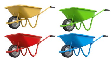 Yeşil, sarı, kırmızı ve mavi renkli el arabaları beyaz arka planda izole edilmiş, inşaat araçları kavramı.