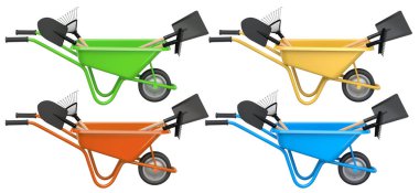 Kürek ve tırmık gibi bahçe aletleri olan renkli el arabaları, beyaz arka planda izole edilmiş, bahçeciliği ve peyzajı sembolize ediyor.