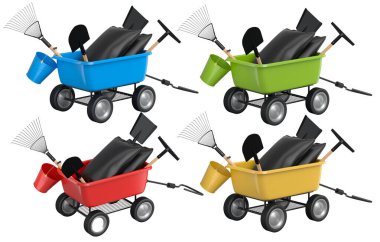 Kürek ve tırmık gibi bahçe aletleri olan renkli el arabaları, beyaz arka planda izole edilmiş, bahçeciliği ve peyzajı sembolize ediyor.