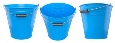 Beyaz arkaplanda izole edilmiş plastik saplı metal kovalar, araç gereç, depolama veya bahçe işleri.