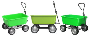 Bahçedeki bahçıvan ve saksılar için beyaz arka planda bahçe aletleri ve malzemeler. 3D bahçe işleri ve tarım malzemeleri kavramı