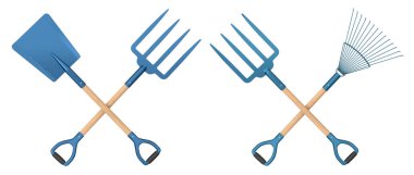 Çapraz kürek ve yaba çiftleri siyah, altın, yeşil ve mavi, ahşap sapları beyaz arka planda izole, bahçe araçlarını sembolize