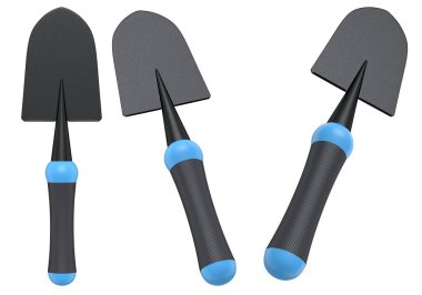 Ergonomik kauçuk kabzalı dört renkli kazıyıcı seti, metalik kaplama, beyaz arka planda izole edilmiş, ev aletleri kavramı