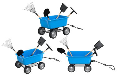 Kürek ve tırmık gibi bahçe aletleri olan renkli el arabaları, beyaz arka planda izole edilmiş, bahçeciliği ve peyzajı sembolize ediyor.