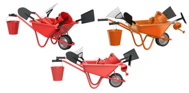 Kürek ve tırmık gibi bahçe aletleri olan renkli el arabaları, beyaz arka planda izole edilmiş, bahçeciliği ve peyzajı sembolize ediyor.