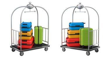 Beyaz arka planda bagajları taşımak için normal polikarbonat valiz seti. 3D seyahat konsepti. Tatil ve bagaj taşımacılığı.