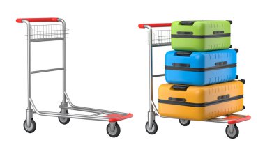 Beyaz arka planda bagajları taşımak için normal polikarbonat valiz seti. 3D seyahat konsepti. Tatil ve bagaj taşımacılığı.