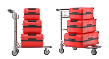 Beyaz arka planda bagajları taşımak için normal polikarbonat valiz seti. 3D seyahat konsepti. Tatil ve bagaj taşımacılığı.