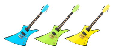 Beyaz şeffaf arkaplanda izole edilmiş elektro akustik gitar seti. Müzik dükkanı için heavy metal gitarlı 3D rock festivali posteri.