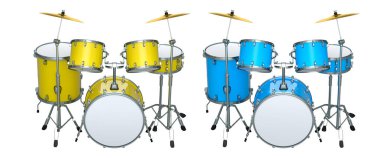 Beyaz arka planda metal zilleri olan gerçekçi davullar. 3D render müzik perküsyon enstrümanı, davul makinesi ve bateri seti