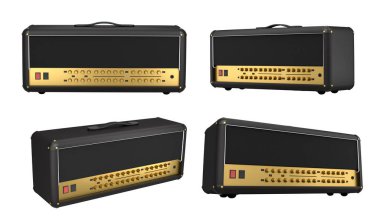 Beyaz zemin üzerinde izole edilmiş klasik elektrik ve akustik gitar amplifikatörü seti. Stüdyo veya prova odasında bas gitar kaydetmek için 3D yükseltici