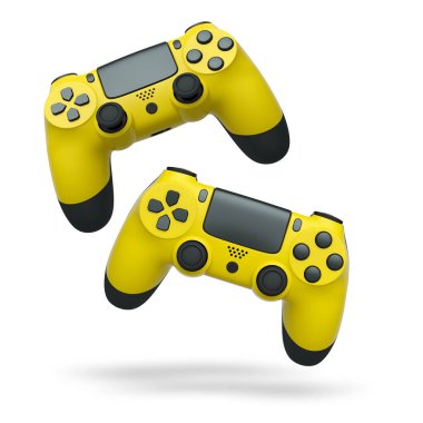 Havada uçan kablosuz oyun kontrolörleri kırpma yolu ile beyaz arka planda izole edilmiş, oyun teknolojisi konseptini sembolize ediyor.