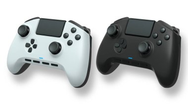 Havada uçan kablosuz oyun kontrolörleri kırpma yolu ile beyaz arka planda izole edilmiş, oyun teknolojisi konseptini sembolize ediyor.