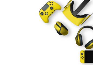 Gaming accessories like gamepad, VR headset, mouse, headphones isolated on white background with clipping path, concept of modern interactive digital entertainment