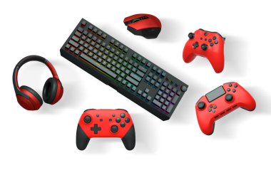 Gaming controllers, mechanical keyboard, mouse, and headset isolated on white background with clipping path, representing gaming gear