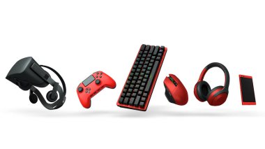 Floating gaming accessories like keyboard, mouse, controller, headset and VR goggles isolated on white background with clipping path. Concept of immersive gaming