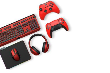 Gaming keyboard, mouse, controller, headset, and smartphone isolated on white transparent background with clipping path, concept of modern digital gaming gear