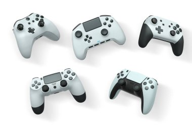 Havada uçan kablosuz oyun kontrolörleri kırpma yolu ile beyaz arka planda izole edilmiş, oyun teknolojisi konseptini sembolize ediyor.