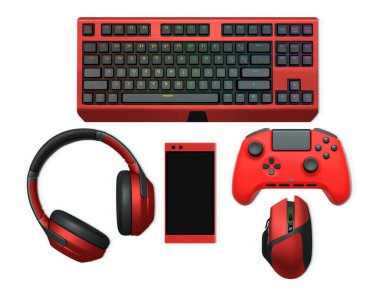 Gaming headset, console controller, ergonomic mouse, and RGB keyboard isolated on white background with clipping path, concept of gaming accessories
