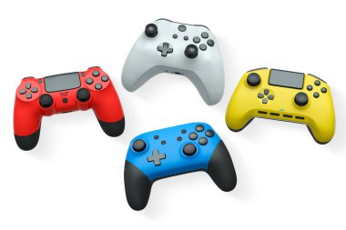 Havada uçan kablosuz oyun kontrolörleri kırpma yolu ile beyaz arka planda izole edilmiş, oyun teknolojisi konseptini sembolize ediyor.