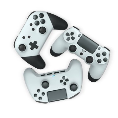 Havada uçan kablosuz oyun kontrolörleri kırpma yolu ile beyaz arka planda izole edilmiş, oyun teknolojisi konseptini sembolize ediyor.